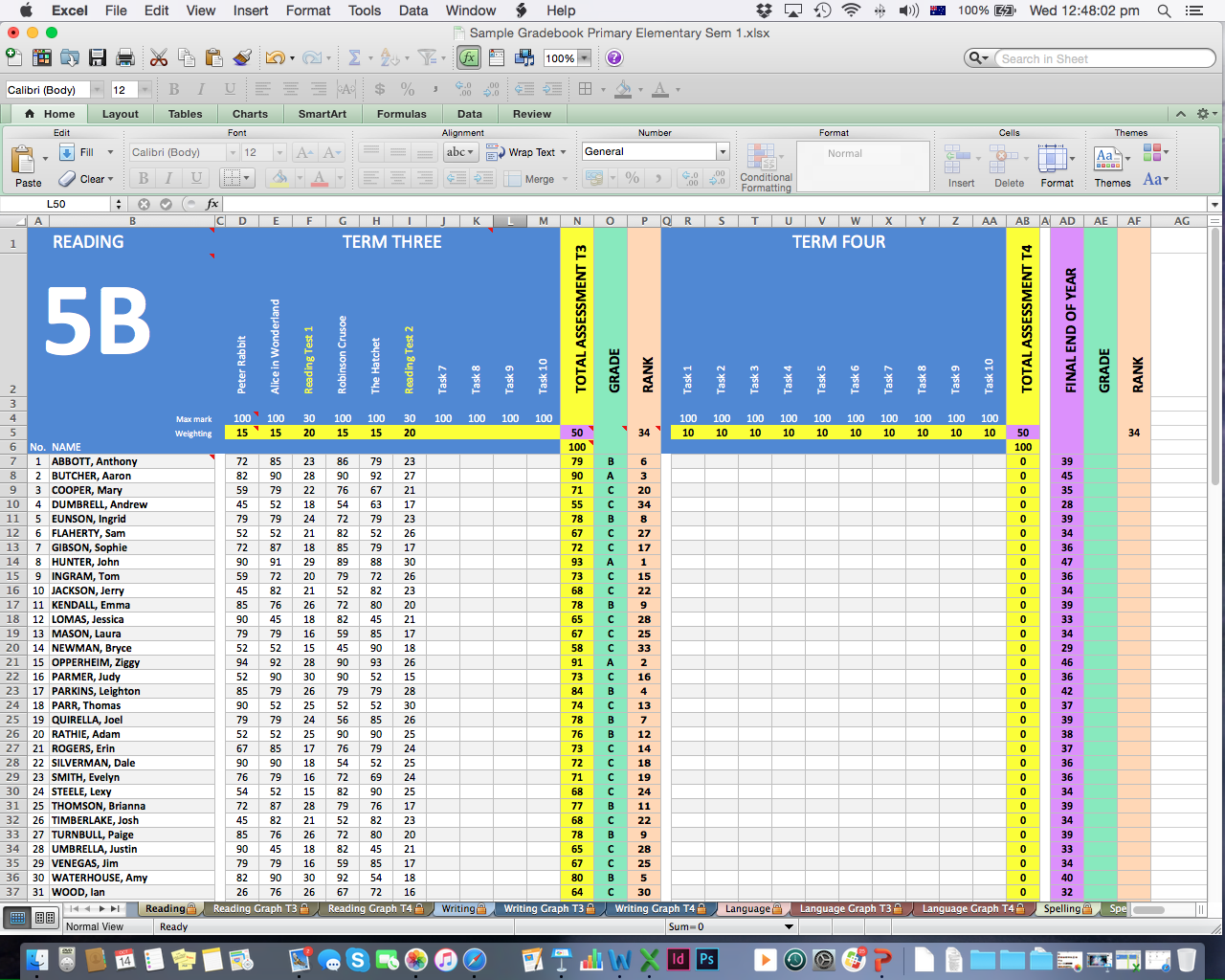 Primary Excel Gradebook Spreadsheet with Graphs Sem 2