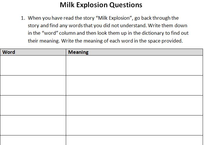 Compressed Narrative / Short Story: Milk Explosion - Questions