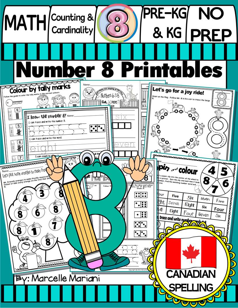 Number 8 Math Worksheets-NO PREP- CANADIAN & US SPELLING