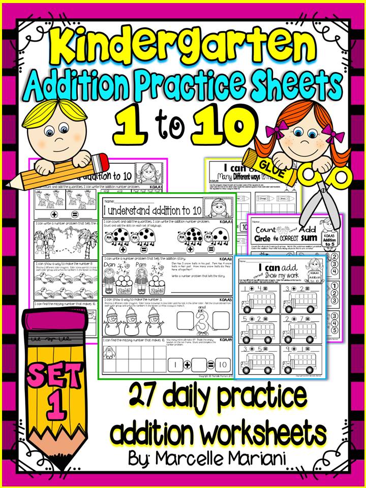 KINDERGARTEN ADDITION Math practice worksheets-Set 1- Numbers 1-10