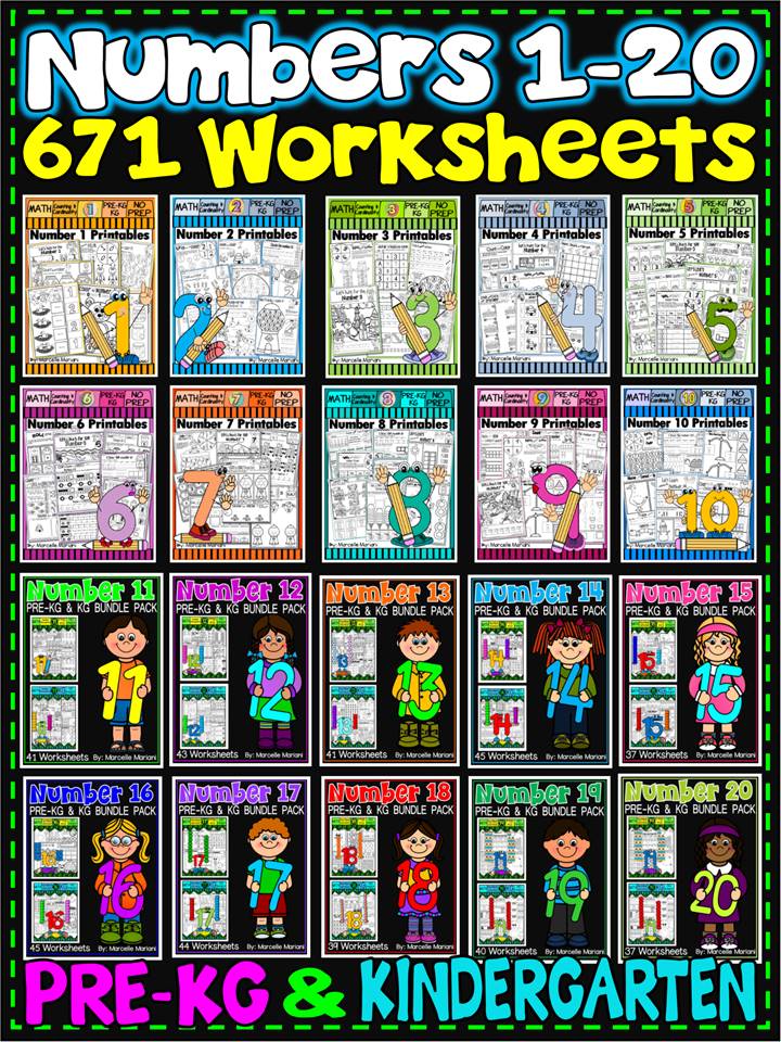 Number Worksheets (1-20)-MATH WORKSHEETS (PRE-KG and KG ) - 671 worksheets- American spelling