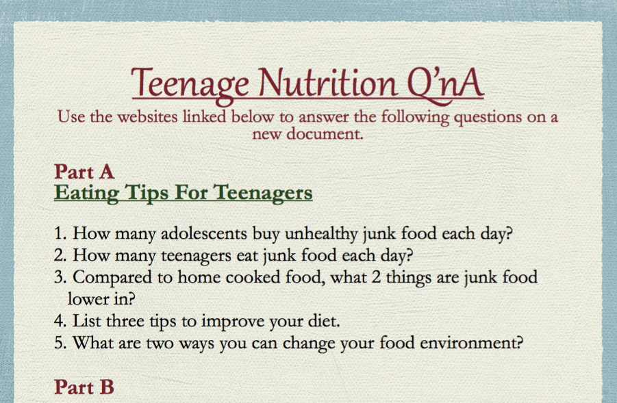 Teenage Nutrition Question and Answer Sheet