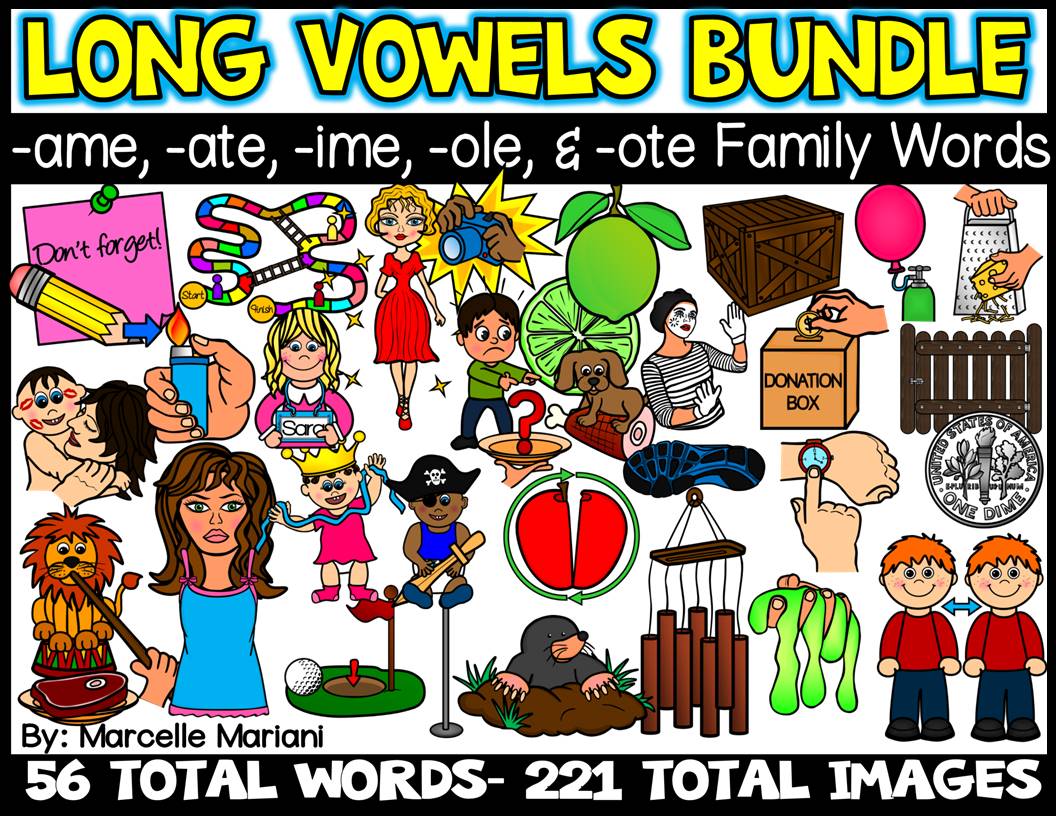 LONG VOWELS -AME, -ATE, -OLE, -OTE, & -IME CLIP ART BUNDLE- 56 Words, 221 images