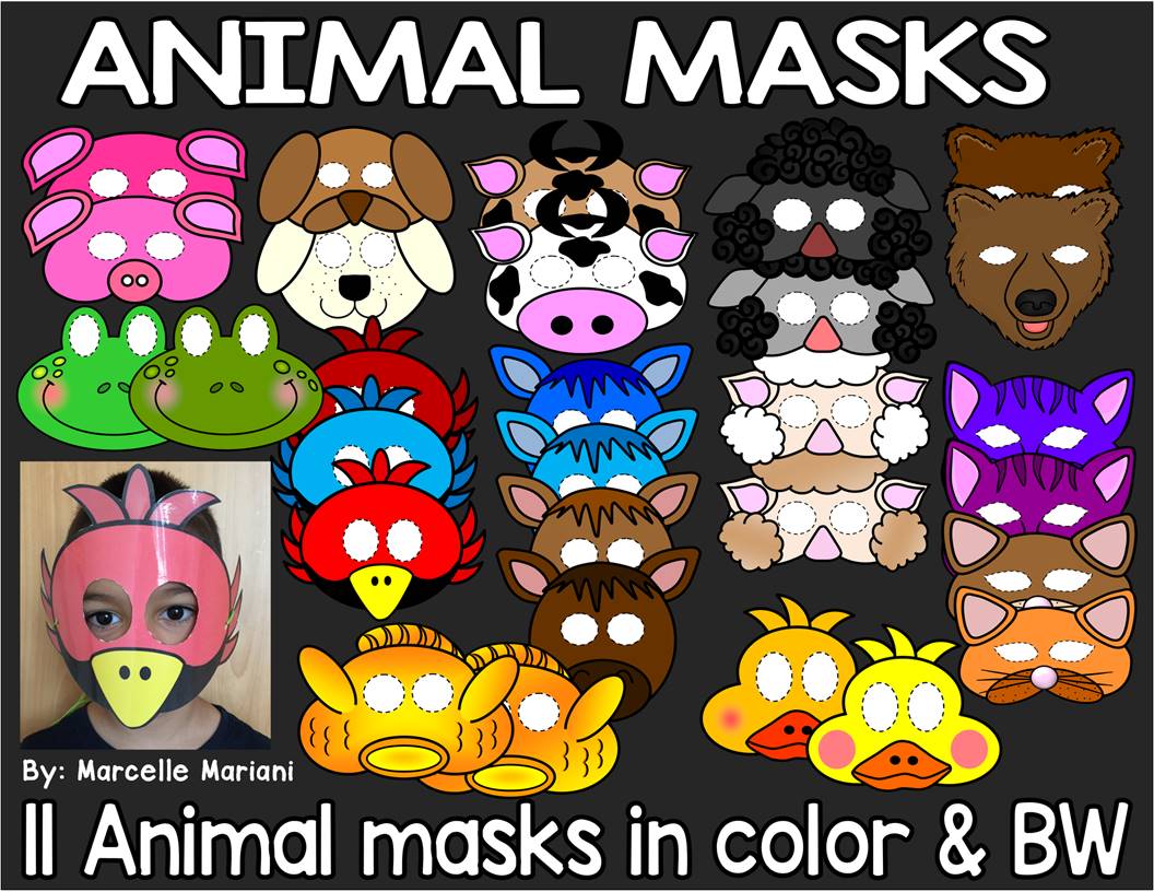 ANIMAL MASKS- 11 ANIMAL MASK ART ACTIVITIES (COLOUR & BW)