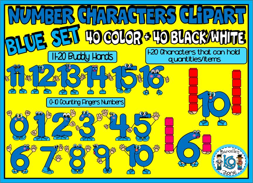 NUMBER CHARACTERS 1-20 CLIPART GRAPHICS- BLUE SET (80 IMAGES) Commercial Use