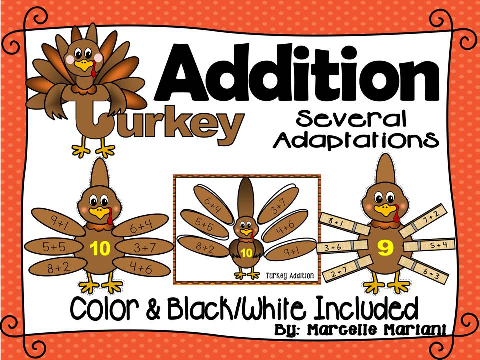 FALL- MATH CENTER- Turkey Addition- Give the Turkey Feathers-Colour+Black/White