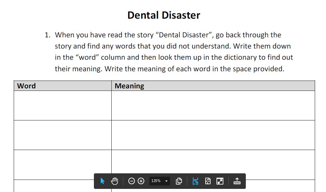 Compressed Narrative / Short Story: Dental Disaster - Questions