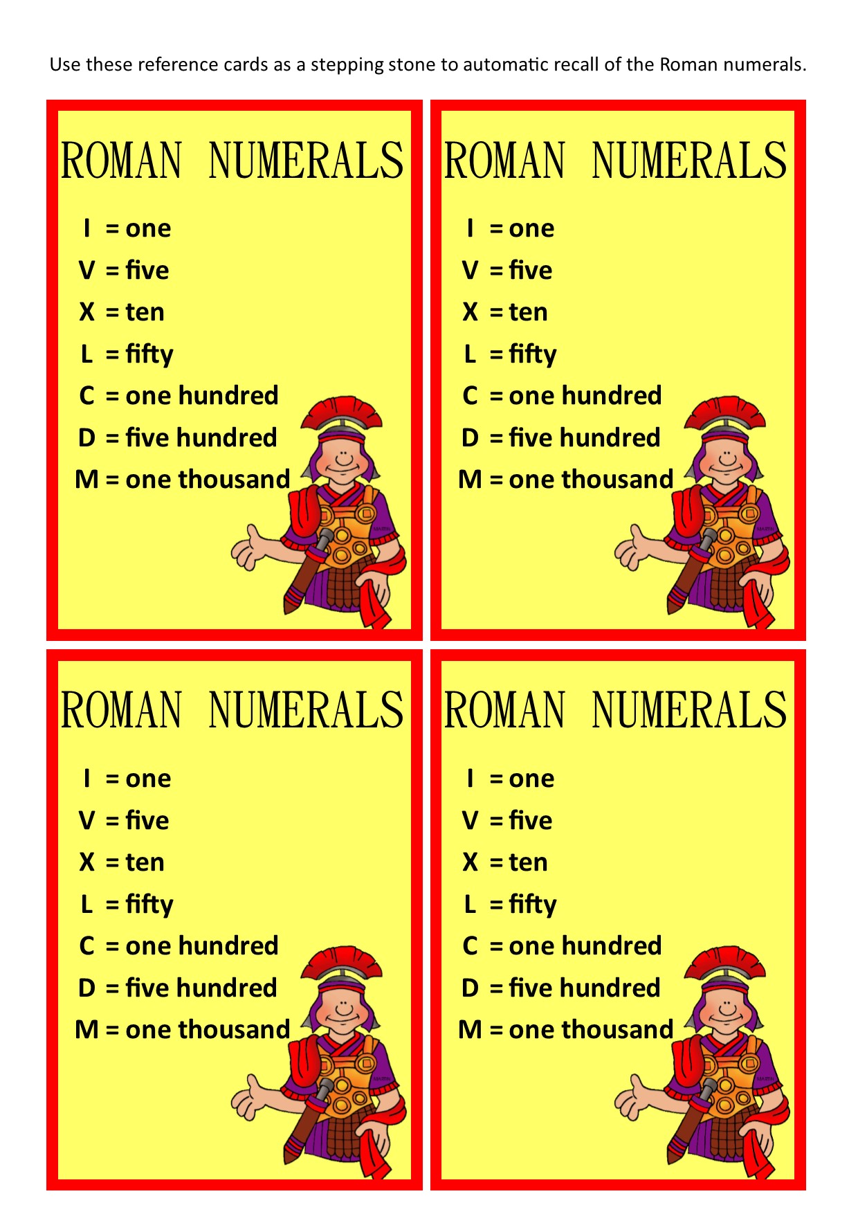 Roman Numeral Reference Cards