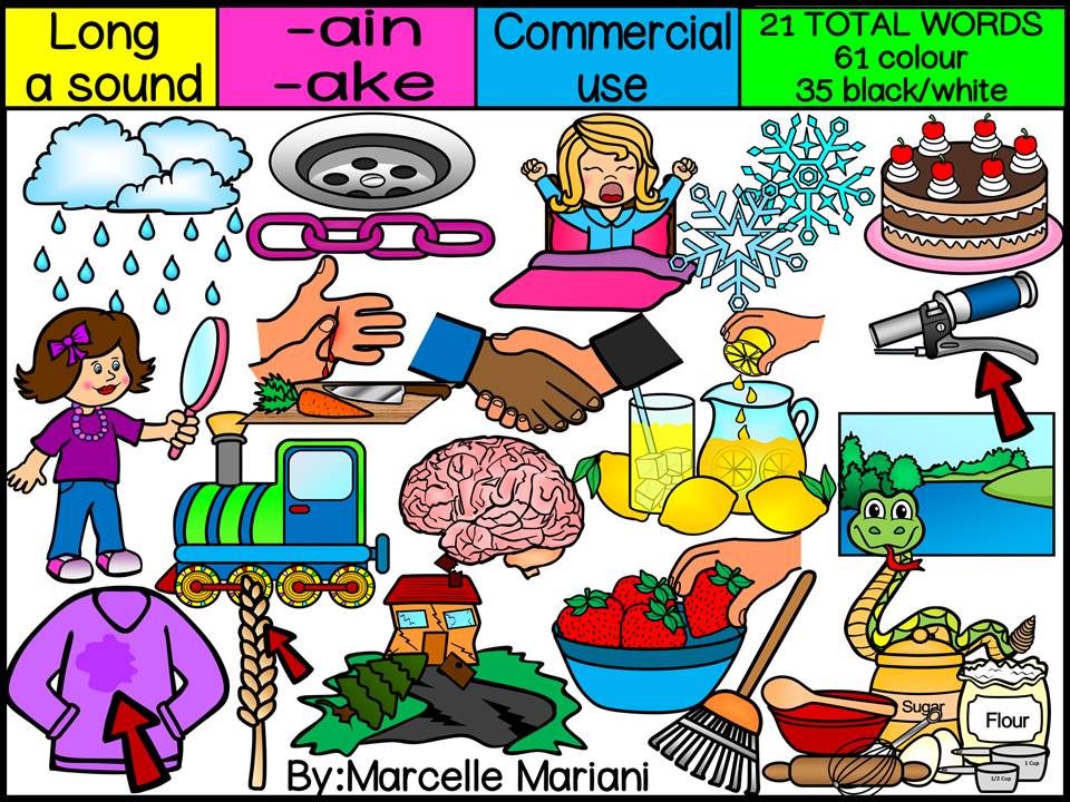 LONG A, -AIN & -AKE FAMILY WORDS- CLIP ART GRAPHICS- 21 WORDS