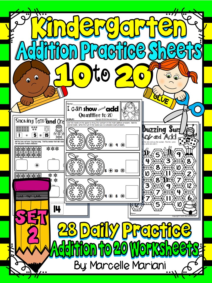KINDERGARTEN- Grade 1 ADDITION Math practice worksheets-Set 2- Numbers 10-20