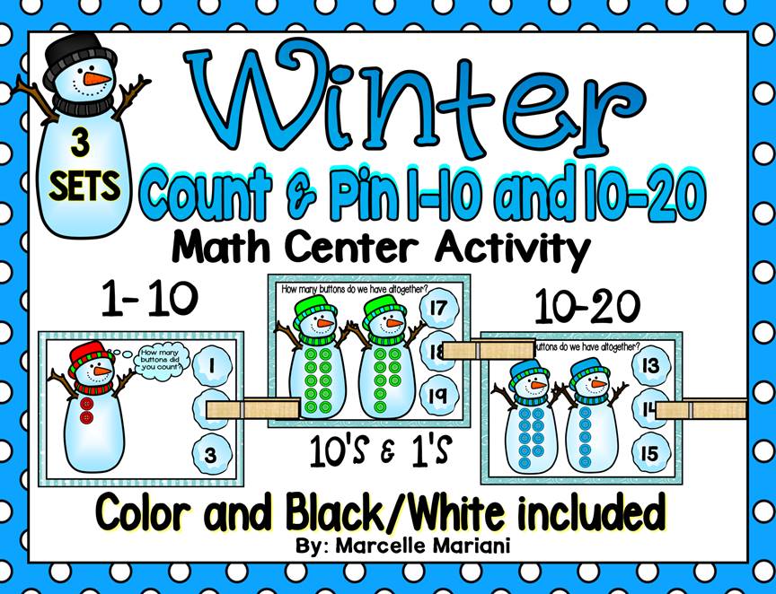 WINTER- SNOWMEN, Count & Pin Math Center Game- Colour + Black and white
