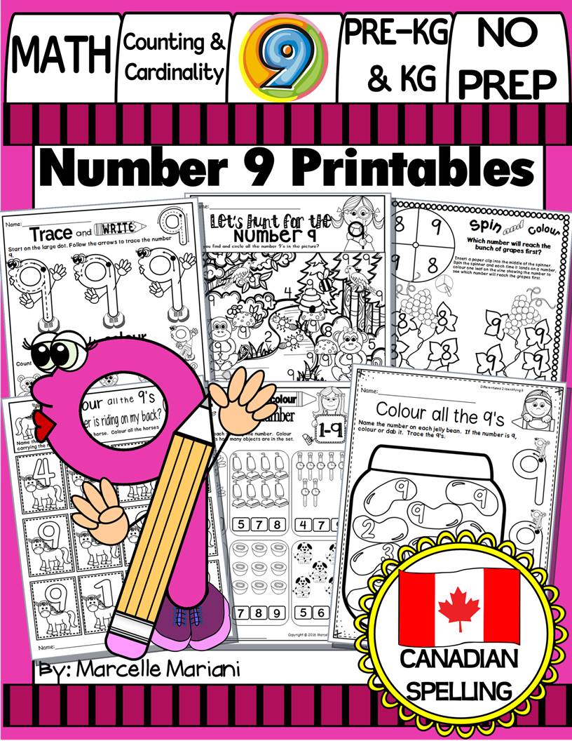 Number 9 Math Worksheets-NO PREP- CANADIAN & US SPELLING