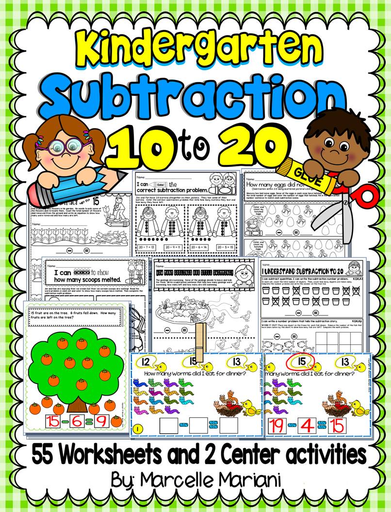 KINDERGARTEN SUBTRACTION Math practice worksheets-Set 2- Numbers 10-20