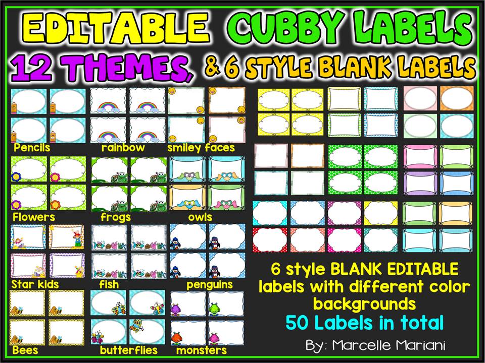 EDITABLE CUBBY TAGS- CUBBY LABELS, 12 THEMES AND 50 BLANK LABELS