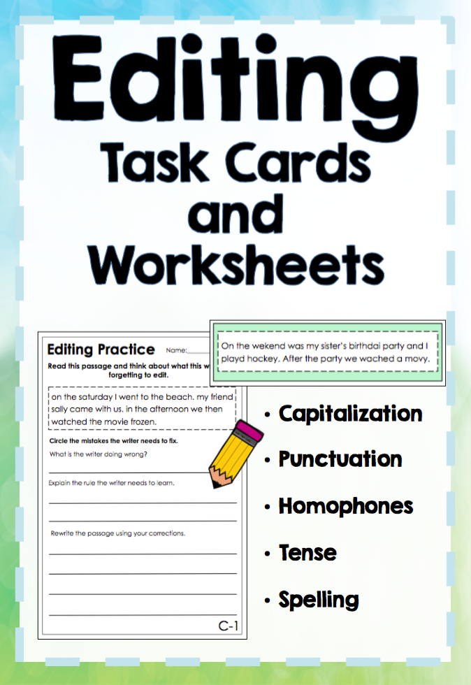 Editing Task Cards and Worksheets - capitalization, punctuation, spelling + more
