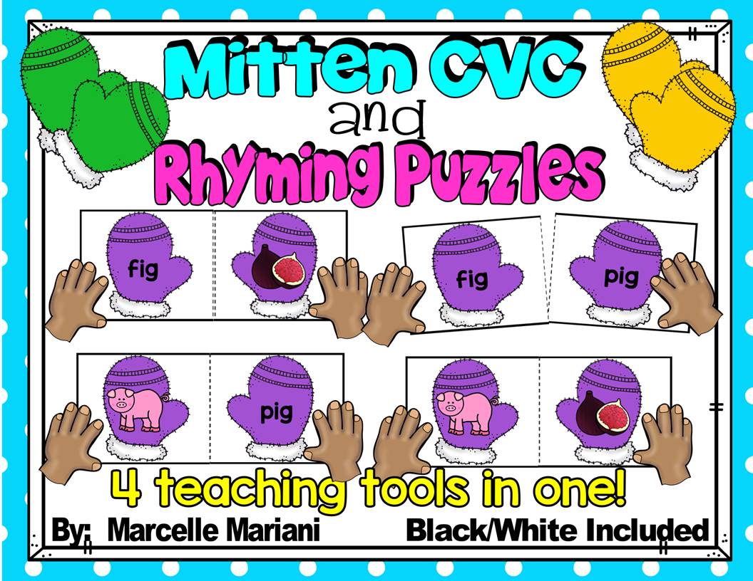 WINTER- MITTENS Rhyming and CVC Puzzle Cards- WINTER LITERACY CENTER