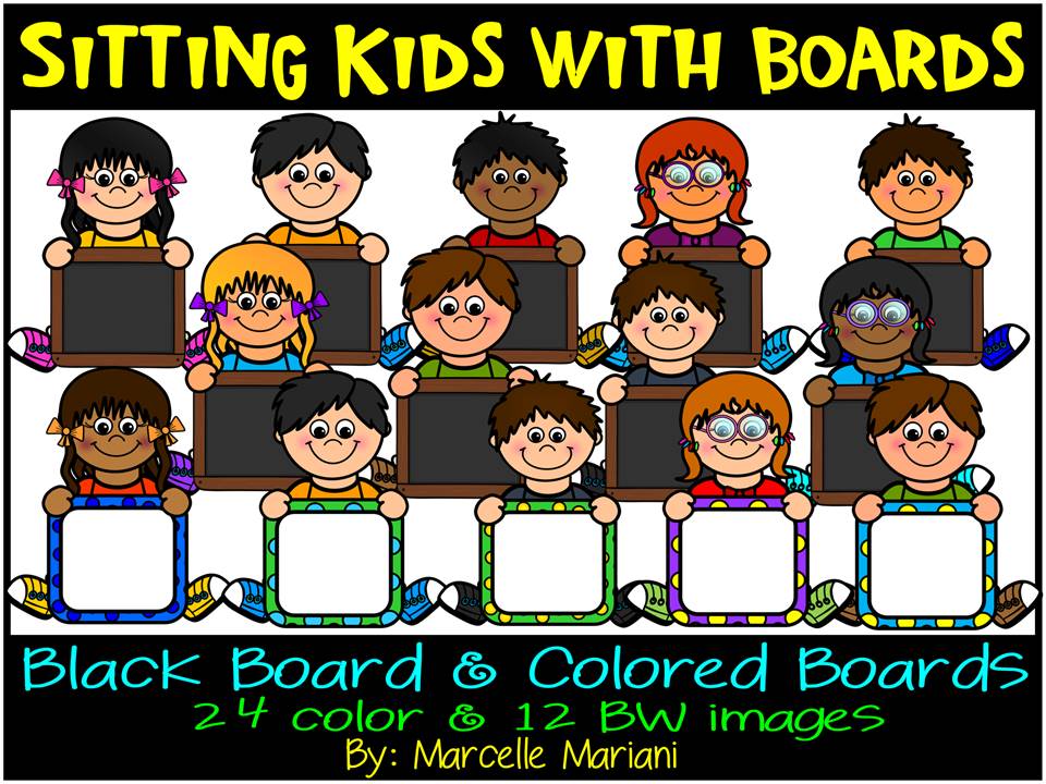 Sitting kids holding boards- kids with signs clip art- Commercial & Personal use