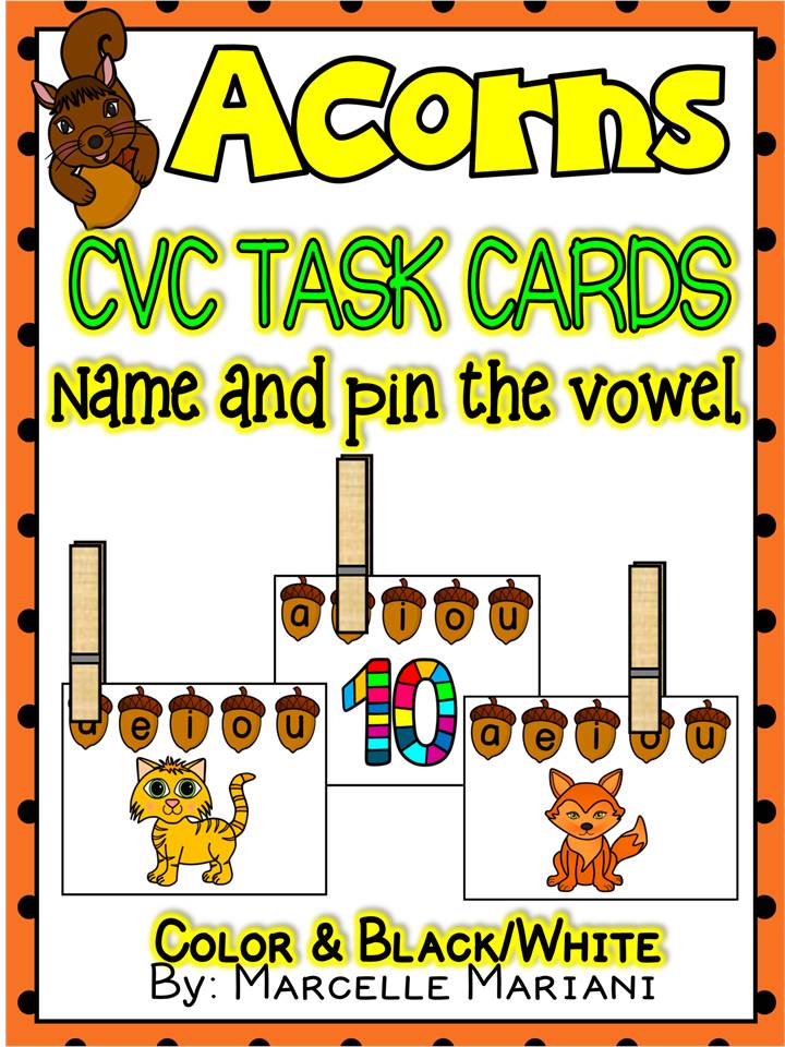 Fall-AUTUMN ACORNS-MIDDLE SOUNDS- NAME AND PIN THE VOWEL- TASK CARDS