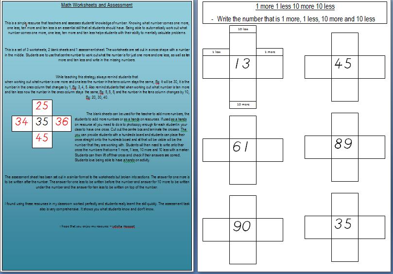 Maths Worksheets - 1 more, 1 less, 10 more, 10 less