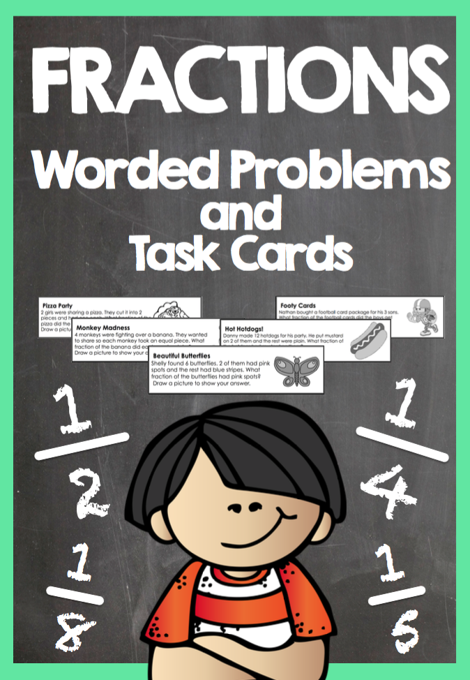 Fraction Worded Problems - 77 Task Cards Problems - 1st to 4th Grade