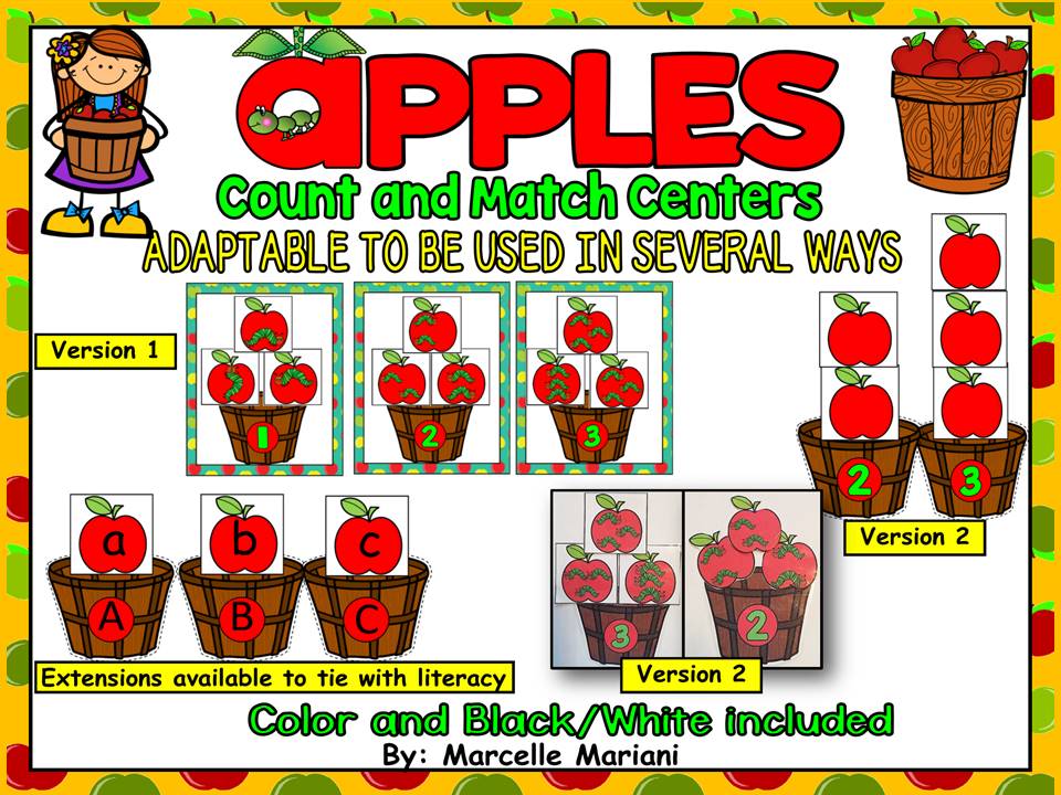 Fall- APPLES, Count & Match ADAPTABLE Center Game- Colour + Black and white