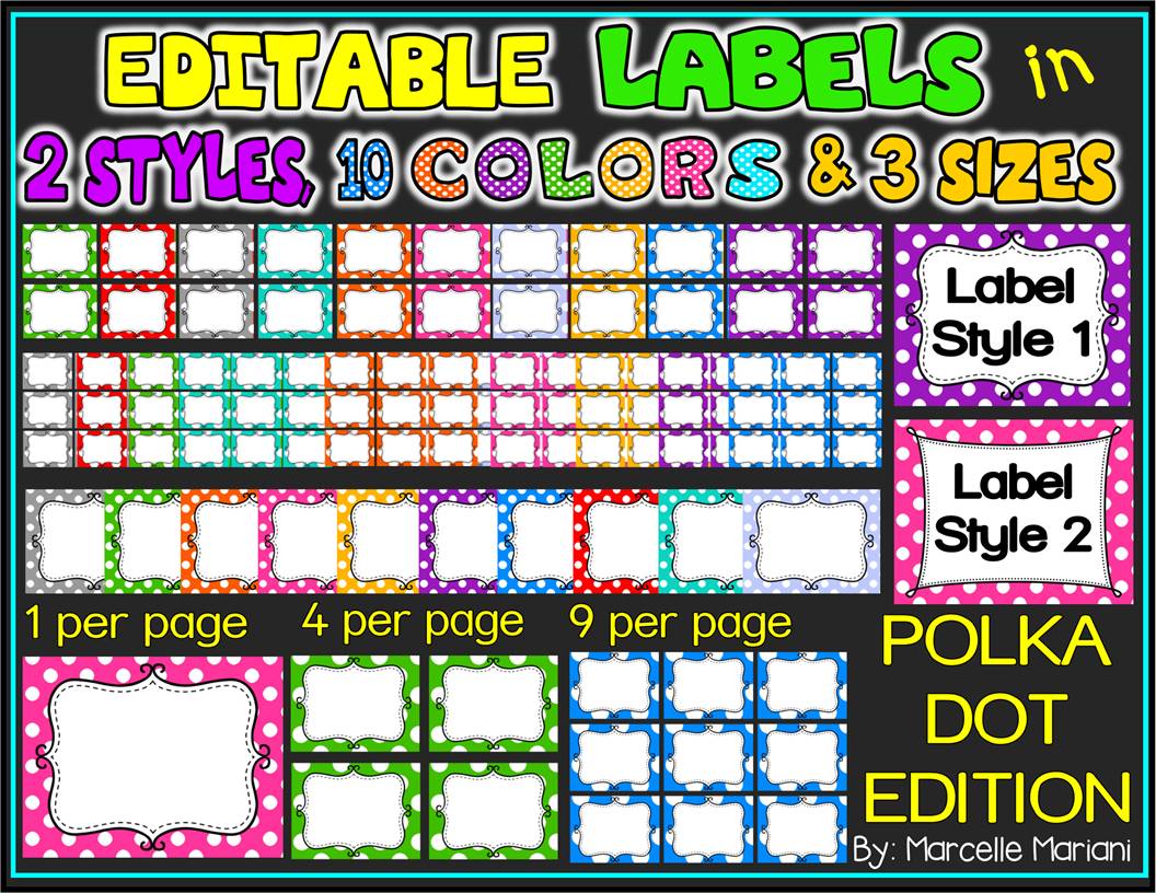 EDITABLE LABELS IN 2 STYLES, 10 COLORS AND 3 SIZES (POLKA DOTS)