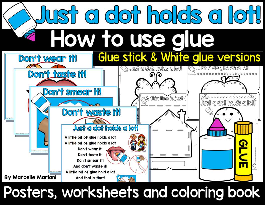 How to use glue in kindergarten- posters, worksheets and coloring book