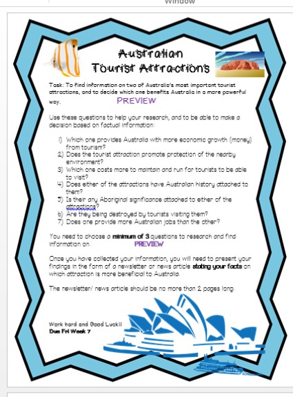 Australian Tourist Attractions Middle Years Research Project