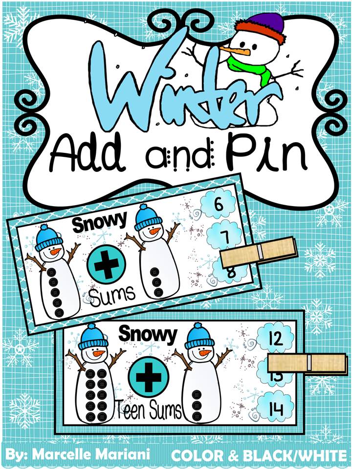 WINTER- MATH CENTER- Add and Pin (1-10 and 10's &1's) Color+Black/White