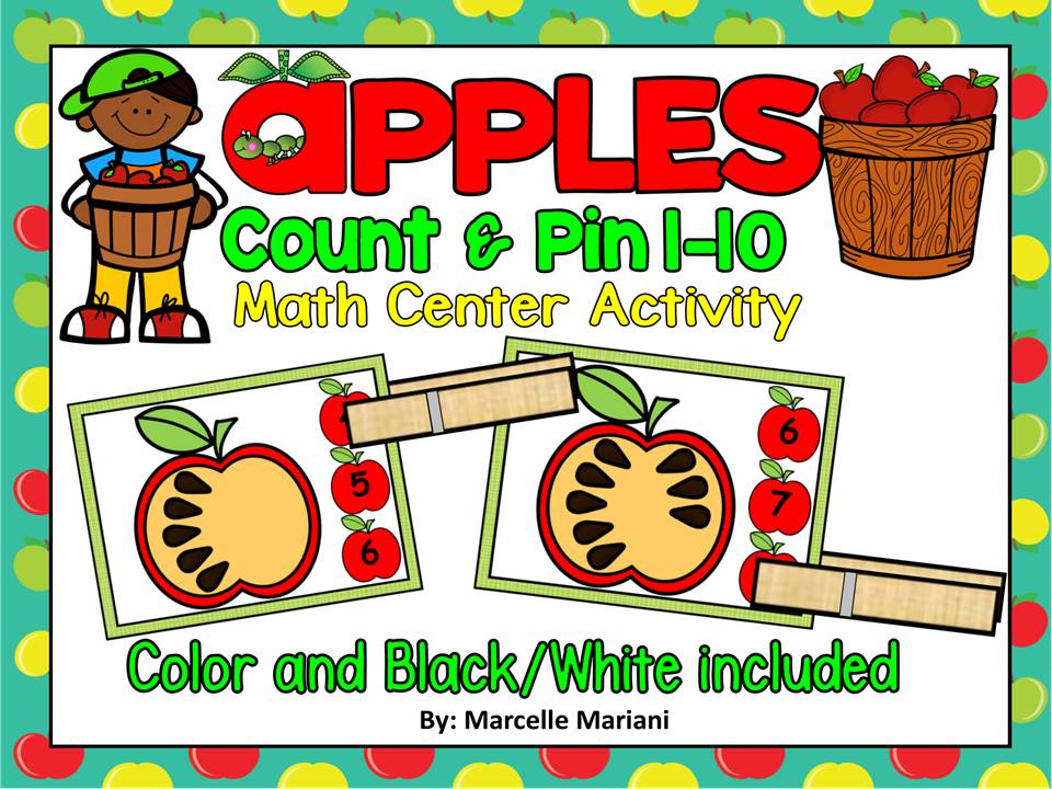 Fall- APPLES, Count & Pin Math Center Game- Color + Black and white