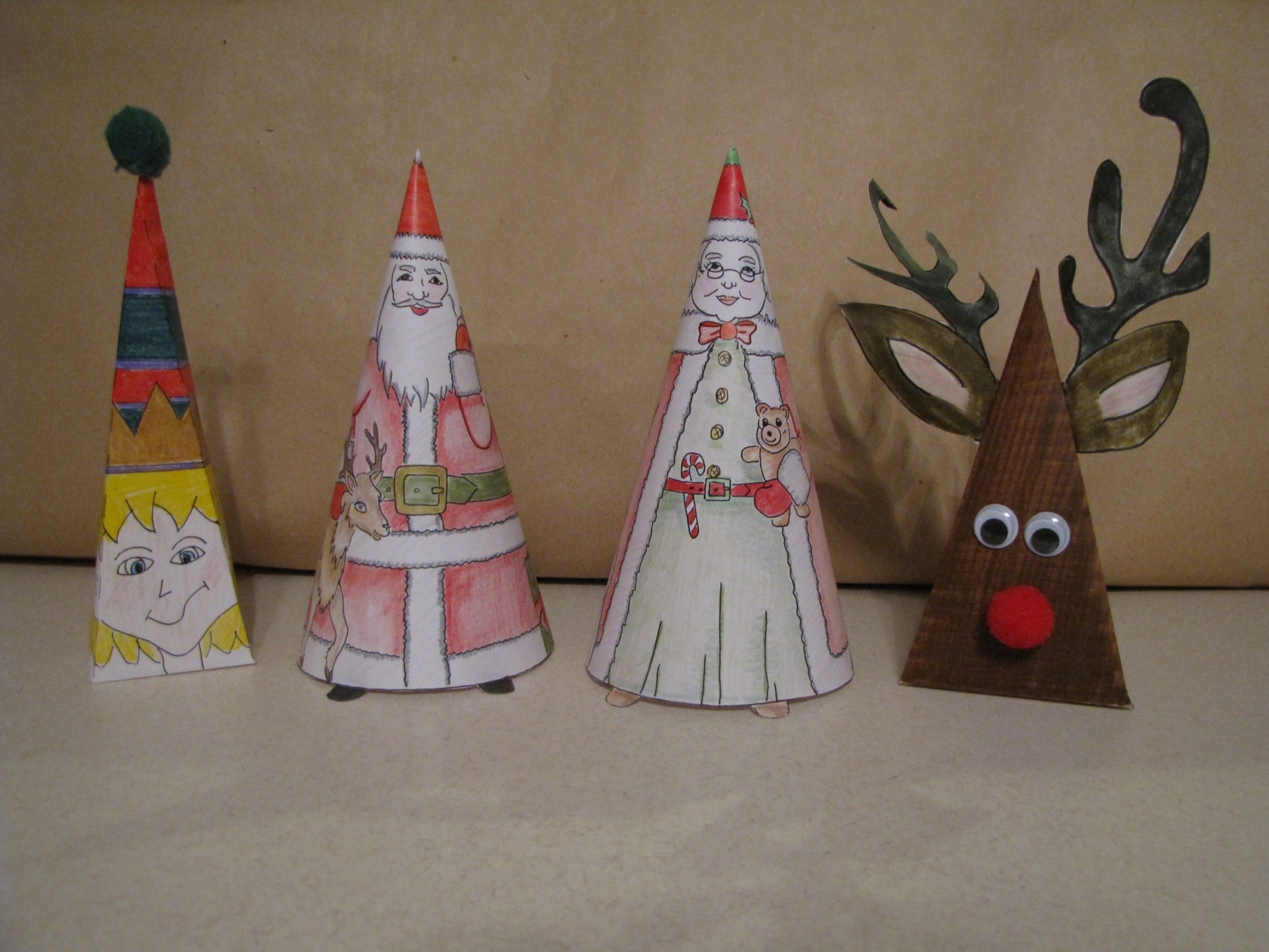 Christmas Crafts - Santa & Mrs. Santa coneheads, Elf, Rudolph and 2 cards