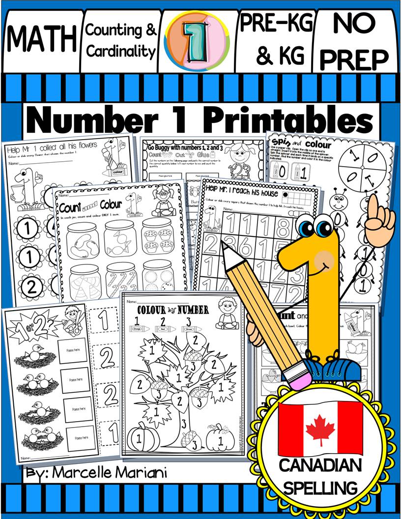 Number 1 Math Worksheets-NO PREP- Counting and Cardinality- US & UK spelling