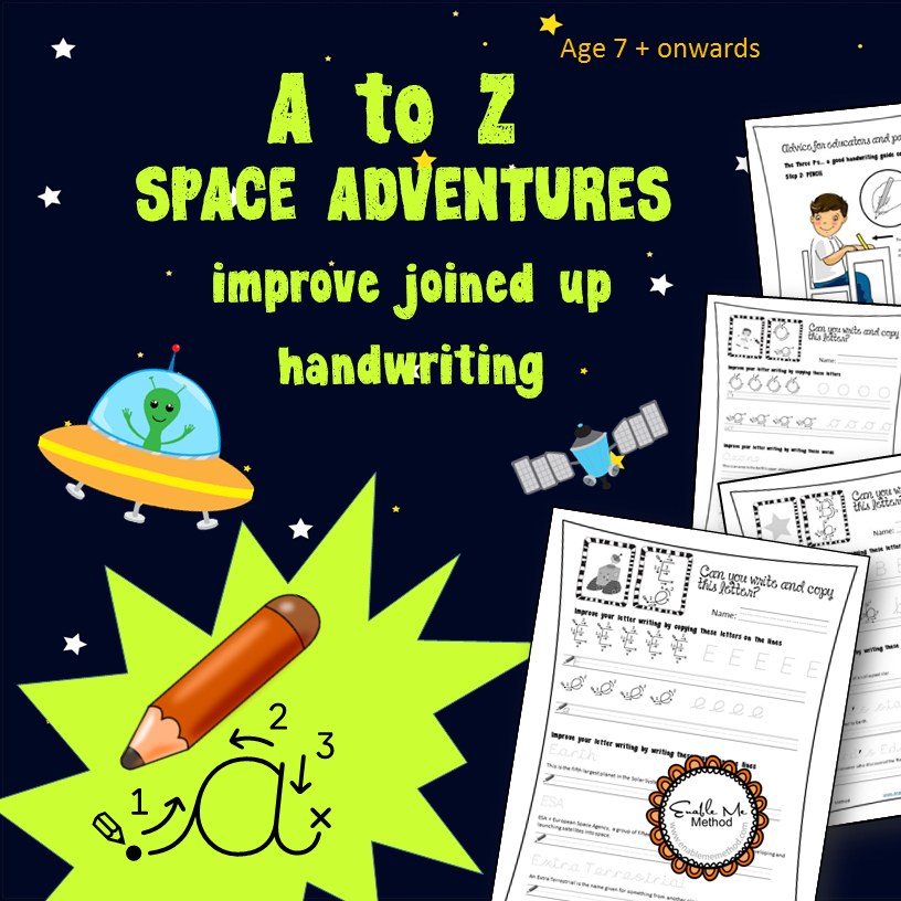 A to Z Joined up writing Space Adventure Worksheets:  7 -11 years, KS1 & KS2, Yr 3, Yr 4, Yr 5, Yr 6