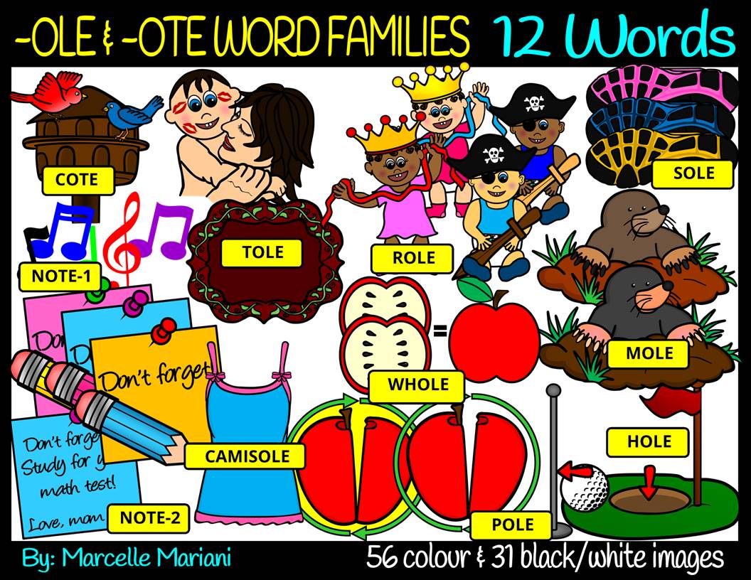 LONG O, -OTE & OLE FAMILY WORDS- CLIP ART GRAPHICS- 12 WORDS (87 images)