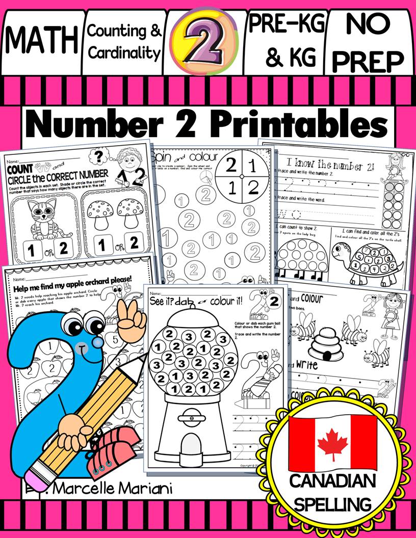 Number 2 Math Worksheets-NO PREP- CANADIAN & US SPELLING