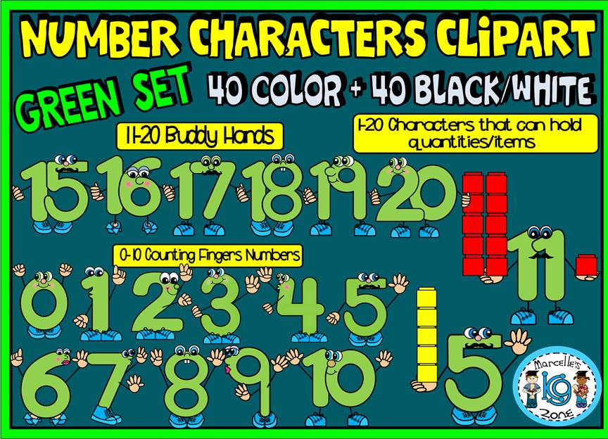 NUMBER CHARACTERS 1-20 CLIPART GRAPHICS- GREEN SET (80 IMAGES) Commercial Use