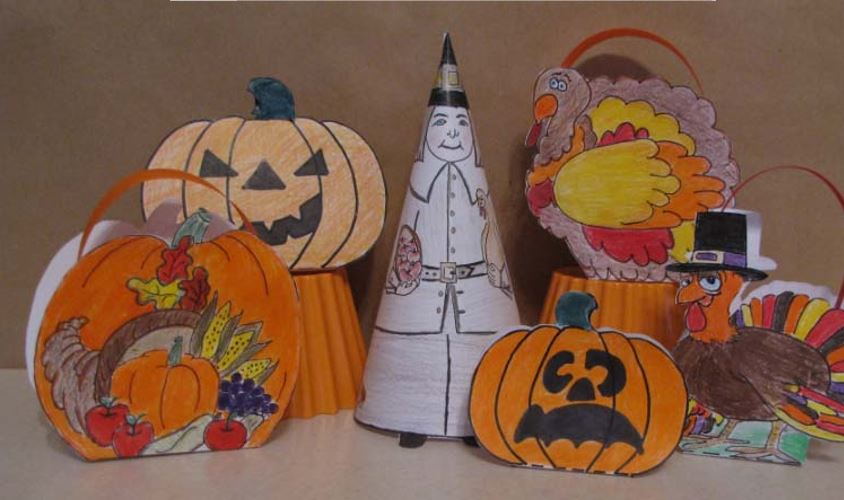 Thanksgiving Crafts - Pilgrim, Goodie Baskets, Pumpkin & Cards