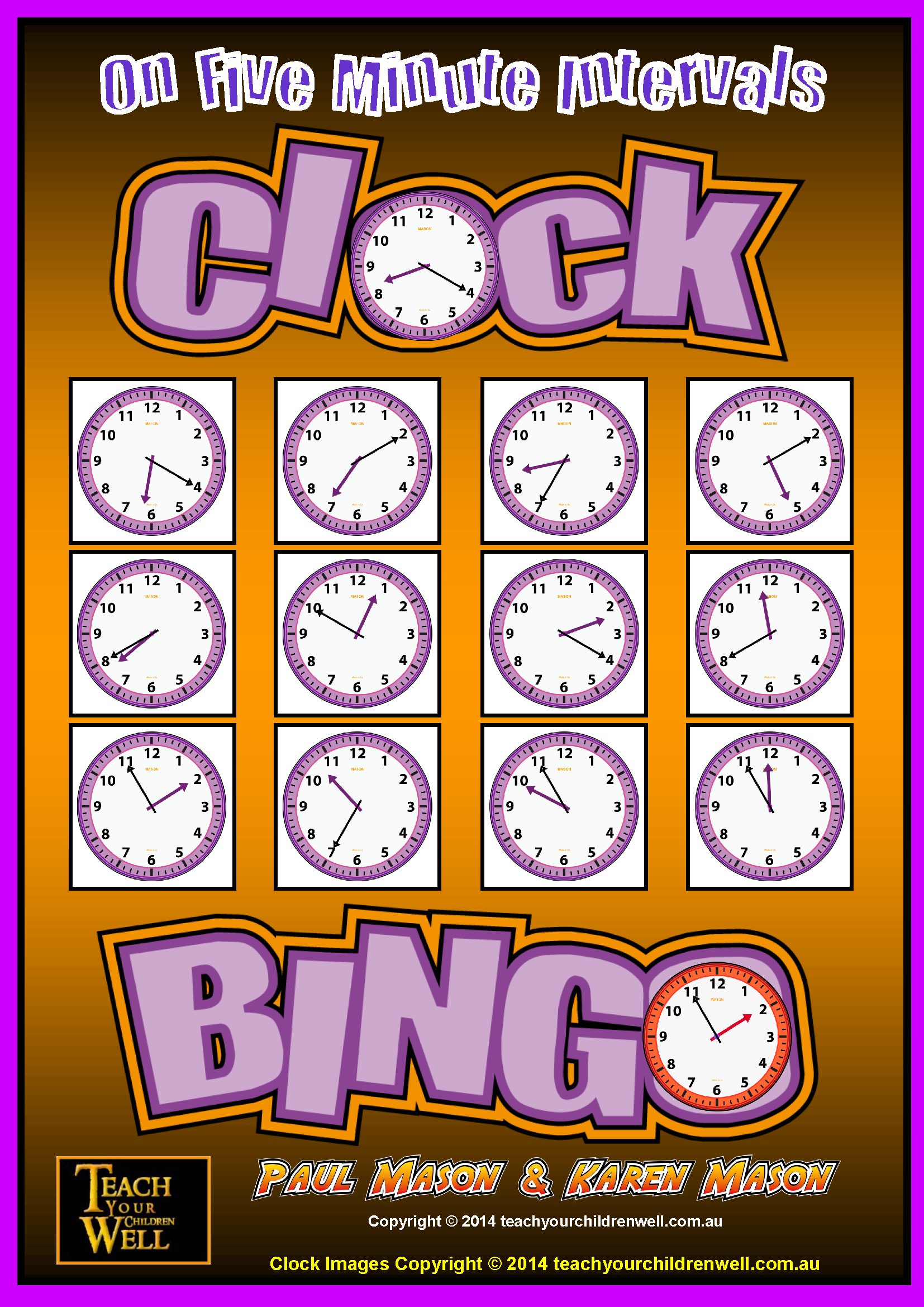 Clock Bingo (Time Bingo) - 5 Minute Intervals - 32 Cards
