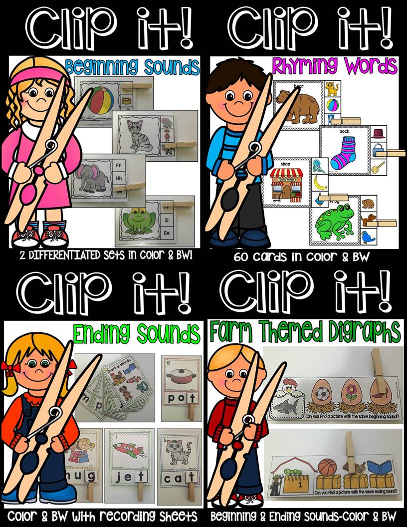 CLIP IT LITERACY CENTERS: Beginning sounds, ending sounds, rhymes, digraphs