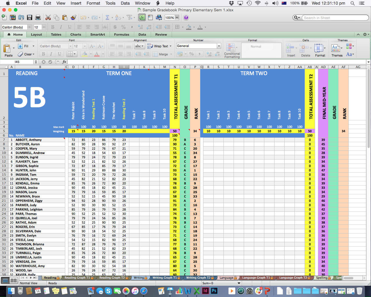 Excel Gradebook Spreadsheet for Primary with Graphs Sem 1