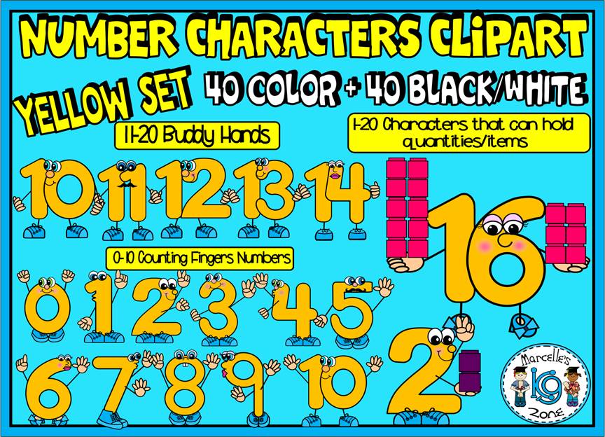 NUMBER CHARACTERS 1-20 CLIPART GRAPHICS- YELLOW SET (80 IMAGES) Commercial Use