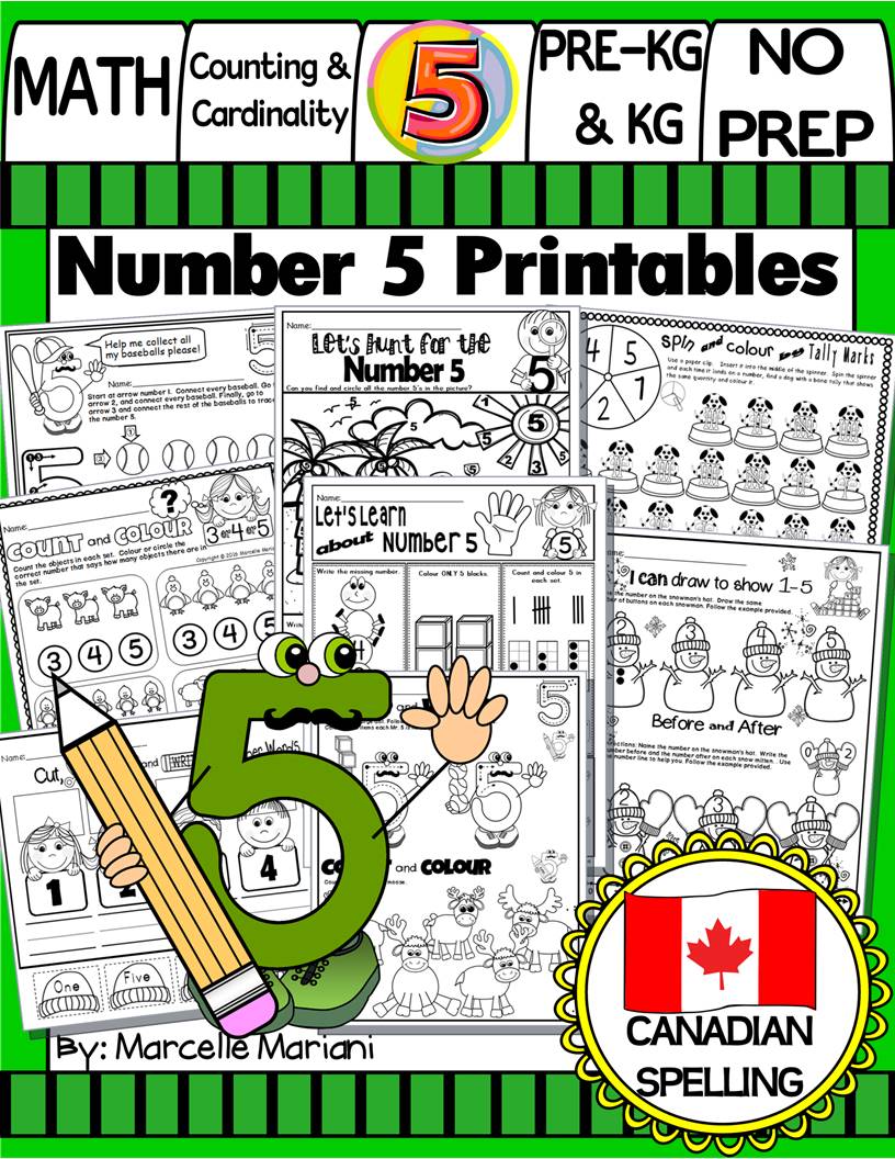 Number 5 Math Worksheets-NO PREP- CANADIAN AND US SPELLING