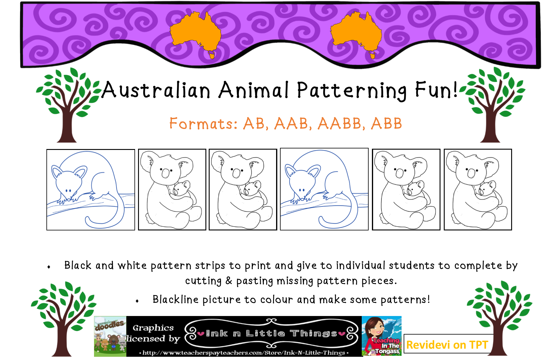 Australian Animals Theme Cut & Paste Colouring Patterning Math Worksheets K-2